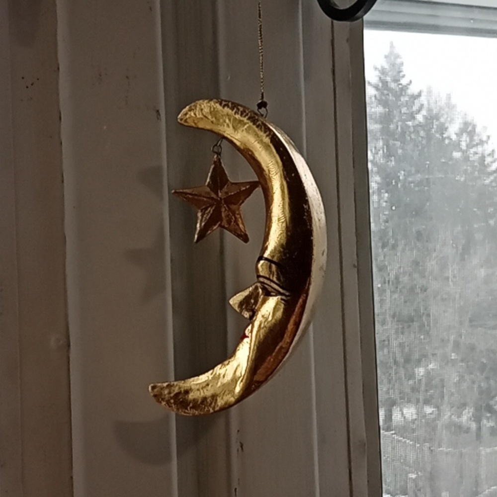 Vintage Hanging Gold Moon and Star Wood Ornament Handmade